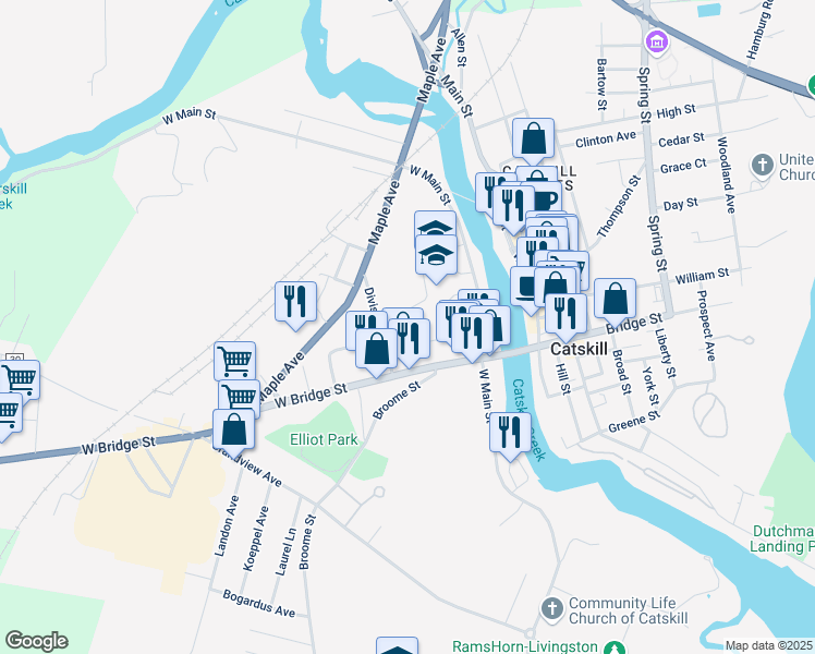 map of restaurants, bars, coffee shops, grocery stores, and more near 26-30 Division Street in Catskill