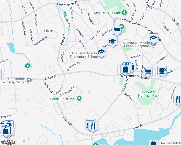 map of restaurants, bars, coffee shops, grocery stores, and more near 15 McDonald Circle in Weymouth