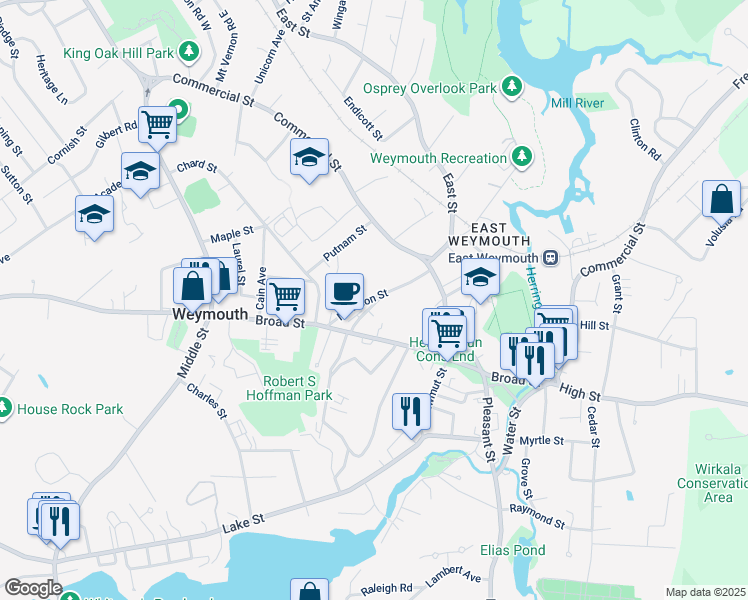 map of restaurants, bars, coffee shops, grocery stores, and more near 18 Filomena Street in Weymouth
