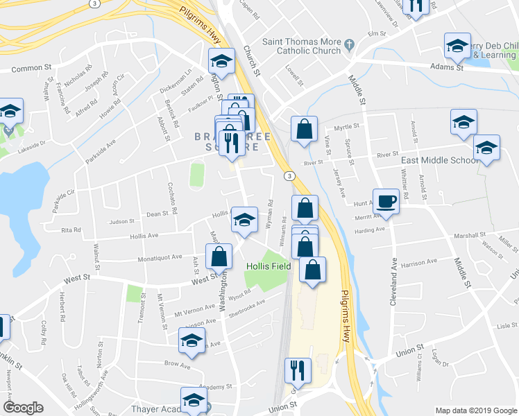 map of restaurants, bars, coffee shops, grocery stores, and more near 11 Clark Street in Braintree