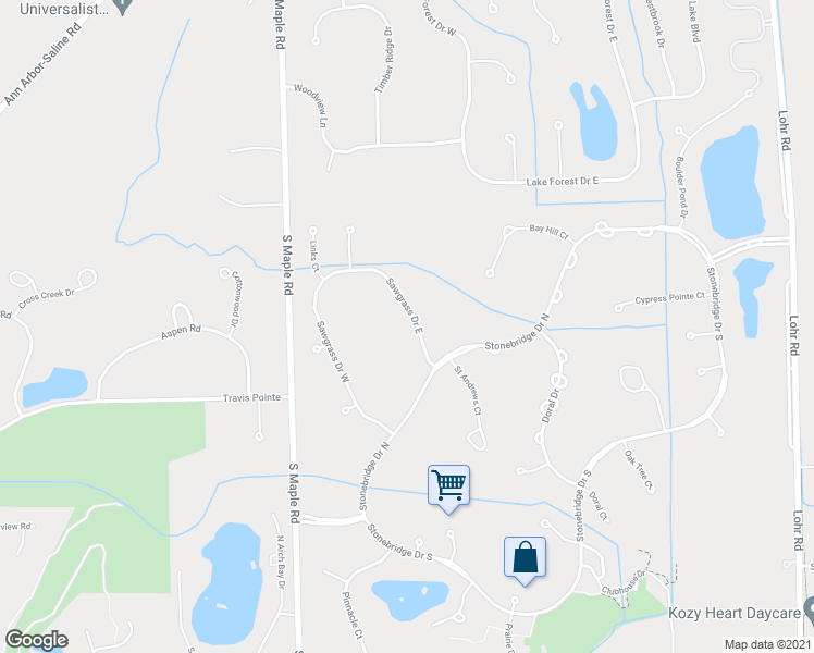 map of restaurants, bars, coffee shops, grocery stores, and more near 4720 Sawgrass Drive West in Ann Arbor
