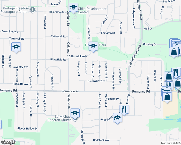 map of restaurants, bars, coffee shops, grocery stores, and more near 1724 Fescue Street in Portage