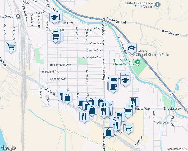 map of restaurants, bars, coffee shops, grocery stores, and more near 2441 Eberlein Avenue in Klamath Falls