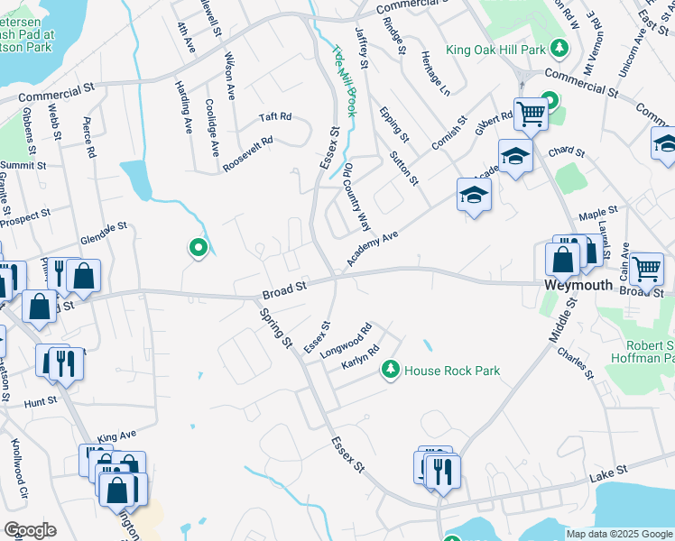 map of restaurants, bars, coffee shops, grocery stores, and more near 354 Broad Street in Weymouth