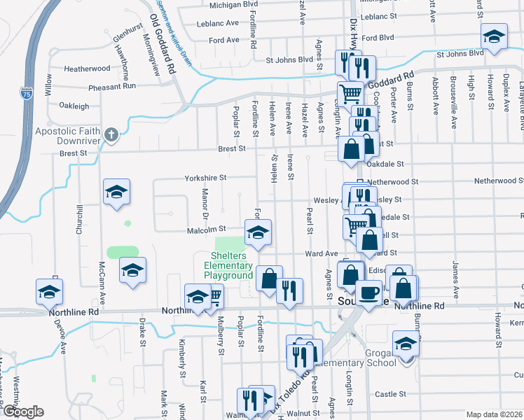 map of restaurants, bars, coffee shops, grocery stores, and more near 12349 Fordline Street in Southgate