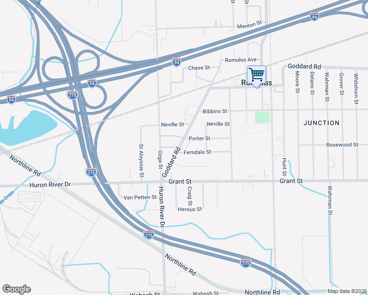 map of restaurants, bars, coffee shops, grocery stores, and more near 37051 Ferndale Street in Romulus