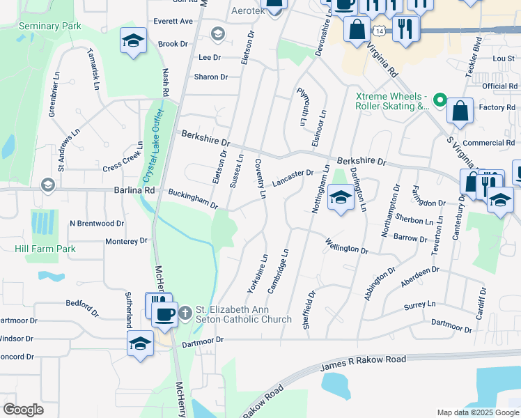 map of restaurants, bars, coffee shops, grocery stores, and more near in Crystal Lake