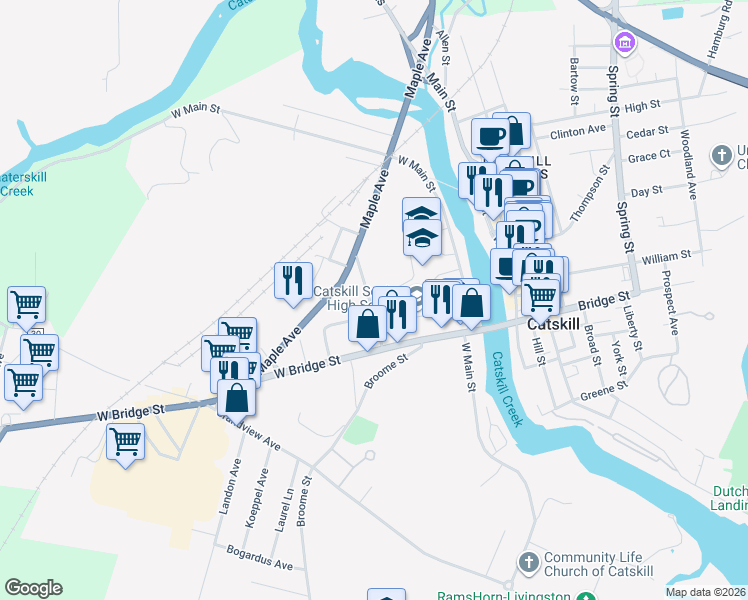 map of restaurants, bars, coffee shops, grocery stores, and more near 46 Division Street in Catskill