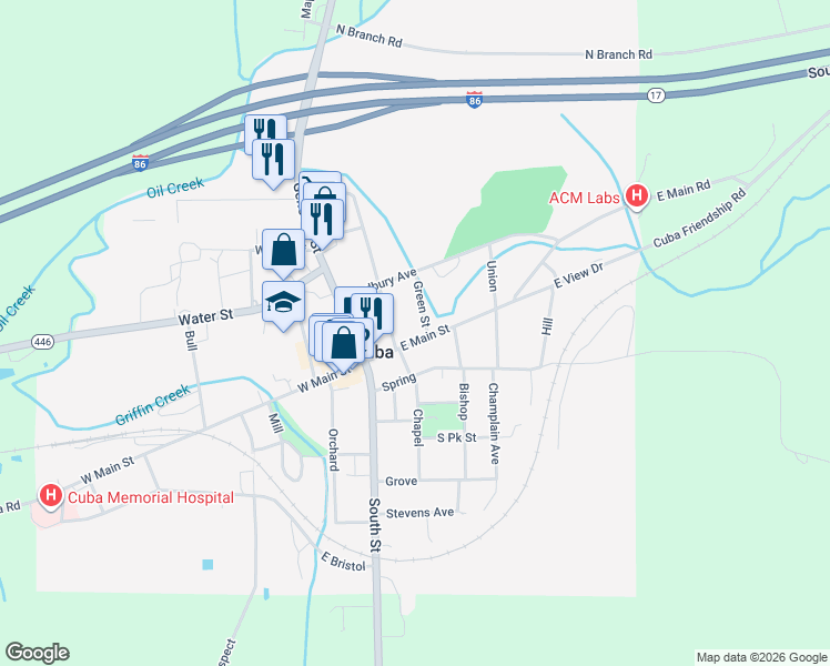 map of restaurants, bars, coffee shops, grocery stores, and more near 47 East Main Street in Cuba