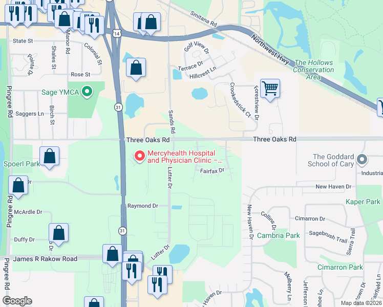 map of restaurants, bars, coffee shops, grocery stores, and more near 7715 Old Post Road in Crystal Lake