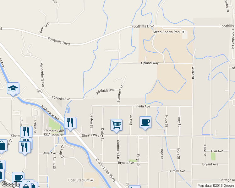 map of restaurants, bars, coffee shops, grocery stores, and more near 4047 Frieda Avenue in Klamath Falls