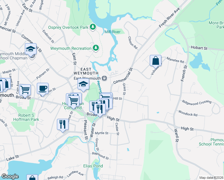 map of restaurants, bars, coffee shops, grocery stores, and more near 1590 Commercial Street in Weymouth