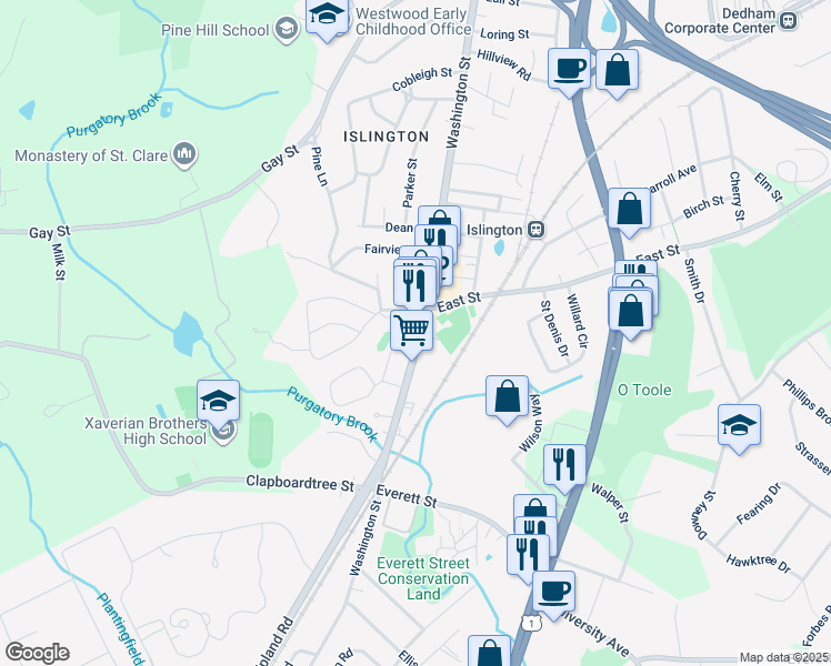 map of restaurants, bars, coffee shops, grocery stores, and more near 341 Washington Street in Westwood