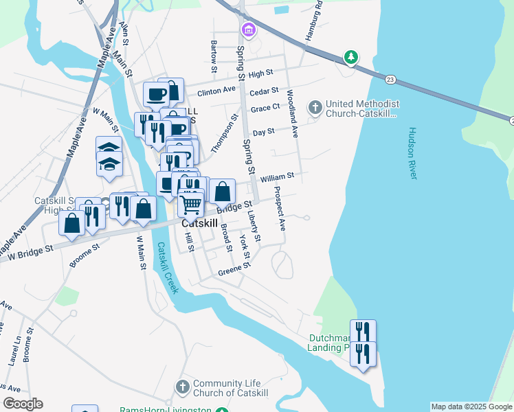 map of restaurants, bars, coffee shops, grocery stores, and more near 35 Liberty Street in Catskill