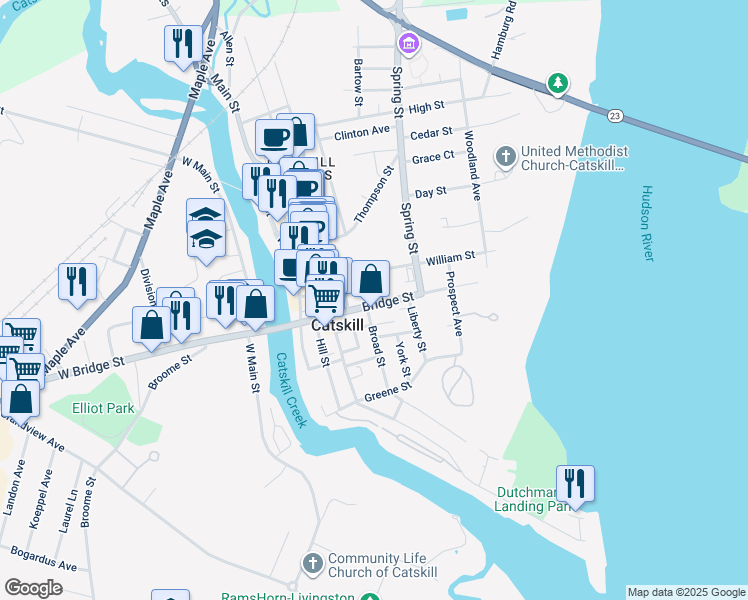 map of restaurants, bars, coffee shops, grocery stores, and more near 176 Broad Street in Catskill