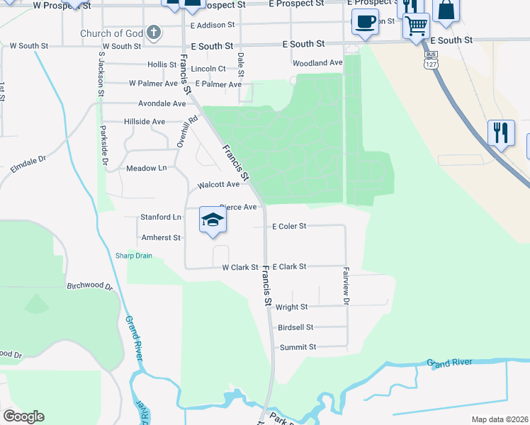 map of restaurants, bars, coffee shops, grocery stores, and more near 2926 Francis Street in Jackson