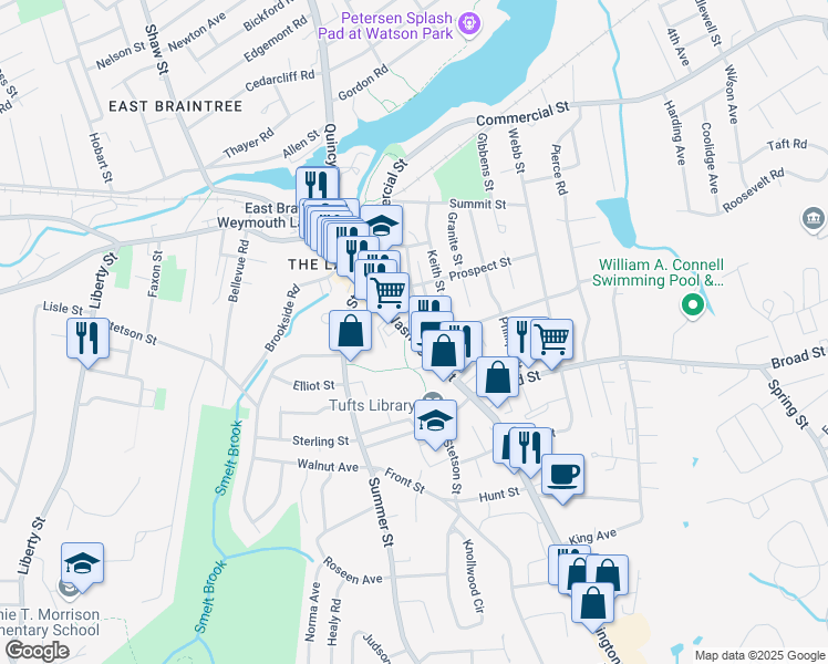 map of restaurants, bars, coffee shops, grocery stores, and more near 103 Washington Street in Weymouth