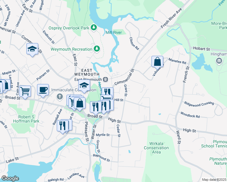map of restaurants, bars, coffee shops, grocery stores, and more near 1590 Commercial Street in Weymouth