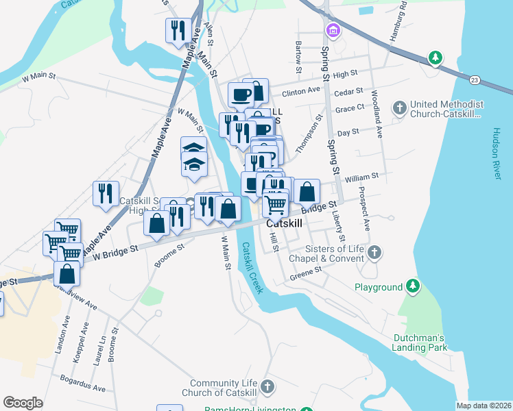 map of restaurants, bars, coffee shops, grocery stores, and more near 65 Hill Street in Catskill