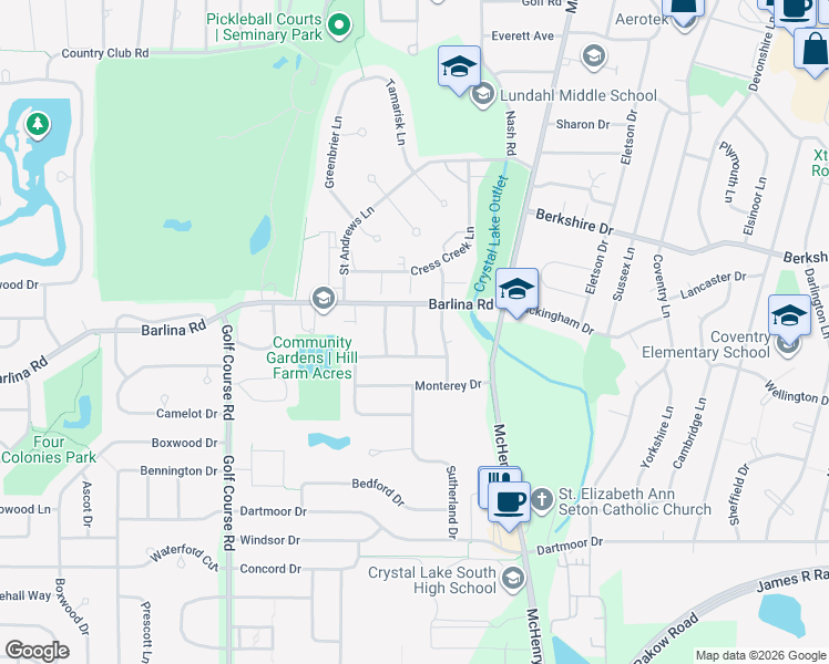 map of restaurants, bars, coffee shops, grocery stores, and more near 851 Glendale Drive in Crystal Lake