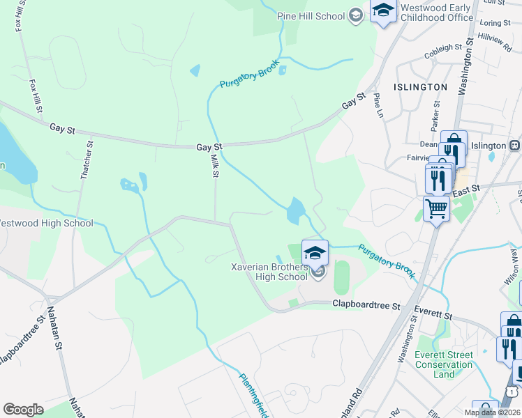 map of restaurants, bars, coffee shops, grocery stores, and more near 59 Meadowbrook Road in Westwood