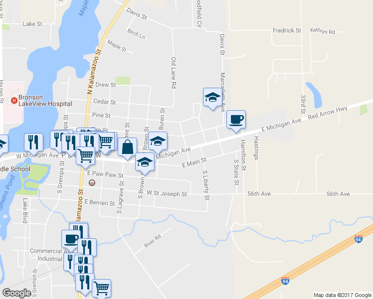 map of restaurants, bars, coffee shops, grocery stores, and more near East Michigan Avenue in Paw Paw