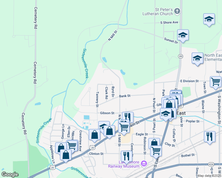 map of restaurants, bars, coffee shops, grocery stores, and more near 2510 Byrd Dr in North East