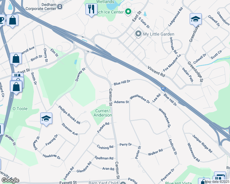 map of restaurants, bars, coffee shops, grocery stores, and more near 10 Adams Street in Westwood
