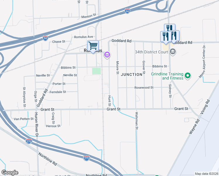 map of restaurants, bars, coffee shops, grocery stores, and more near 11435 Hunt Street in Romulus