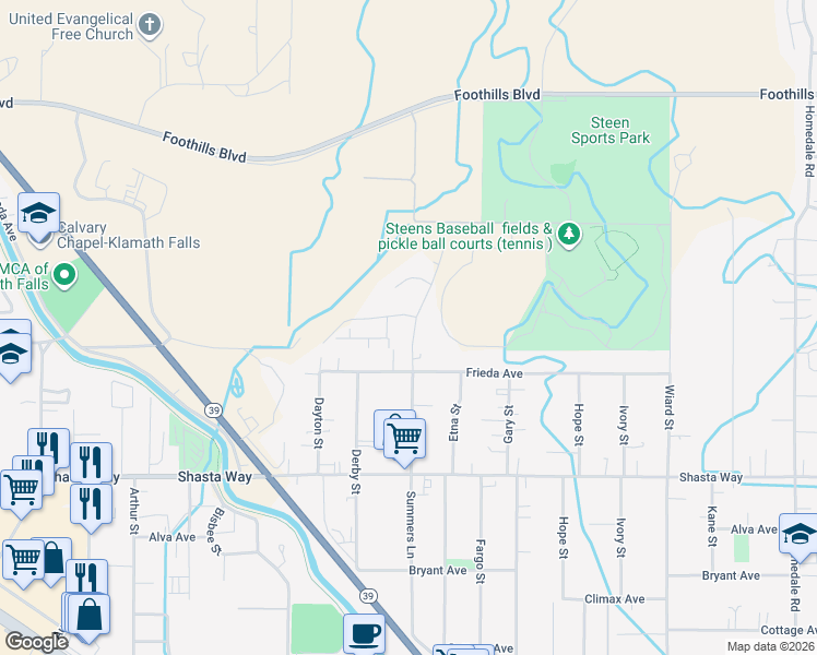 map of restaurants, bars, coffee shops, grocery stores, and more near 4047 Frieda Avenue in Klamath Falls
