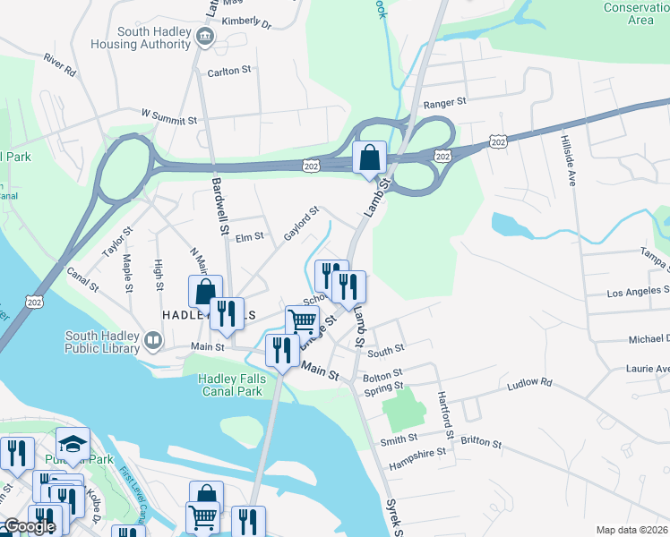 map of restaurants, bars, coffee shops, grocery stores, and more near 68 School Street in South Hadley
