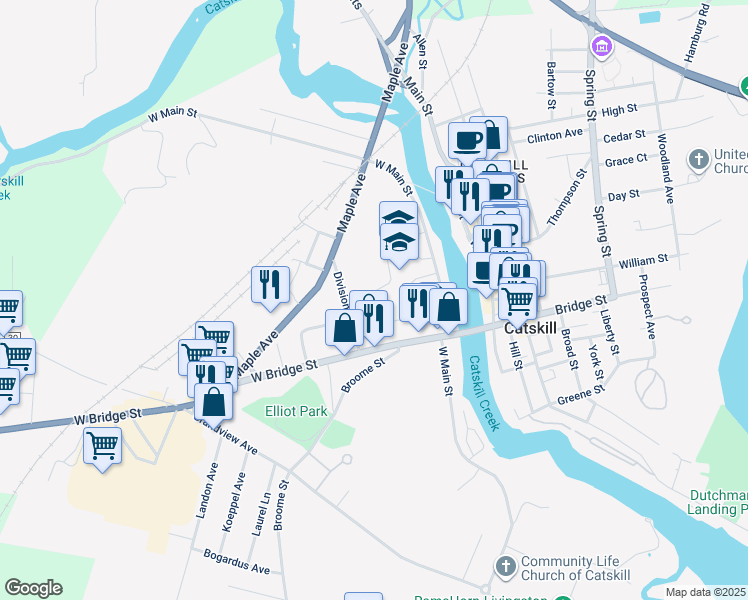 map of restaurants, bars, coffee shops, grocery stores, and more near 26-30 Division Street in Catskill