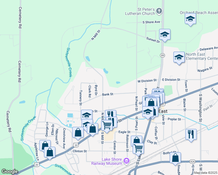 map of restaurants, bars, coffee shops, grocery stores, and more near 44 Bank St in North East