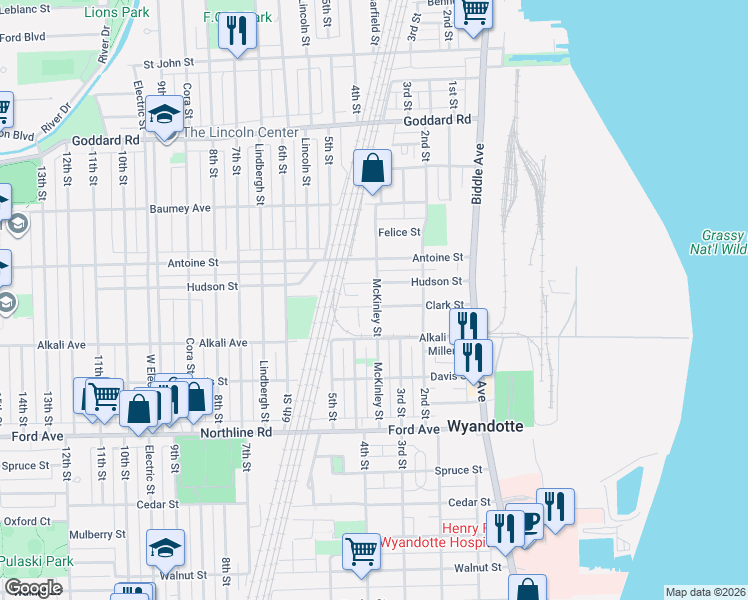 map of restaurants, bars, coffee shops, grocery stores, and more near 1639 McKinley Street in Wyandotte