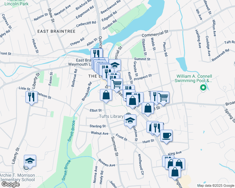 map of restaurants, bars, coffee shops, grocery stores, and more near 103 Washington Street in Weymouth