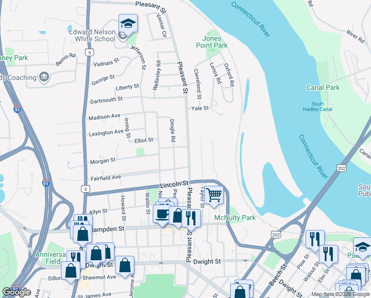 map of restaurants, bars, coffee shops, grocery stores, and more near 297 Pleasant Street in Holyoke