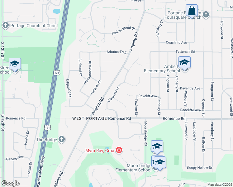 map of restaurants, bars, coffee shops, grocery stores, and more near 3608 Cloverleaf Lane in Portage