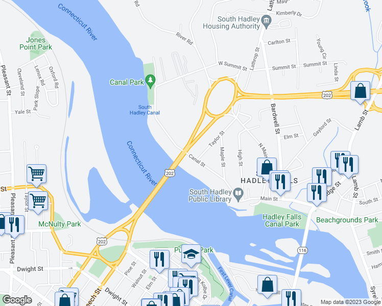 map of restaurants, bars, coffee shops, grocery stores, and more near 43 Canal Street in South Hadley