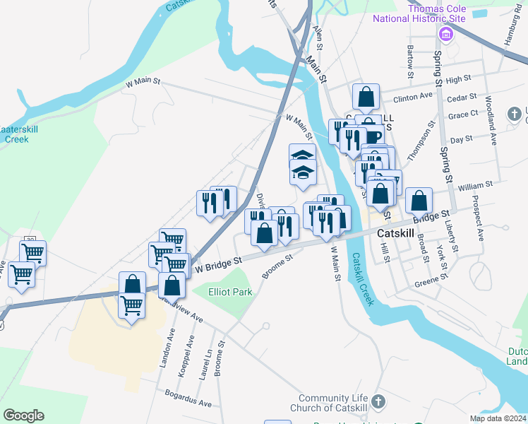 map of restaurants, bars, coffee shops, grocery stores, and more near 47 Division Street in Catskill