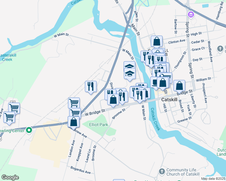 map of restaurants, bars, coffee shops, grocery stores, and more near 47 Division Street in Catskill