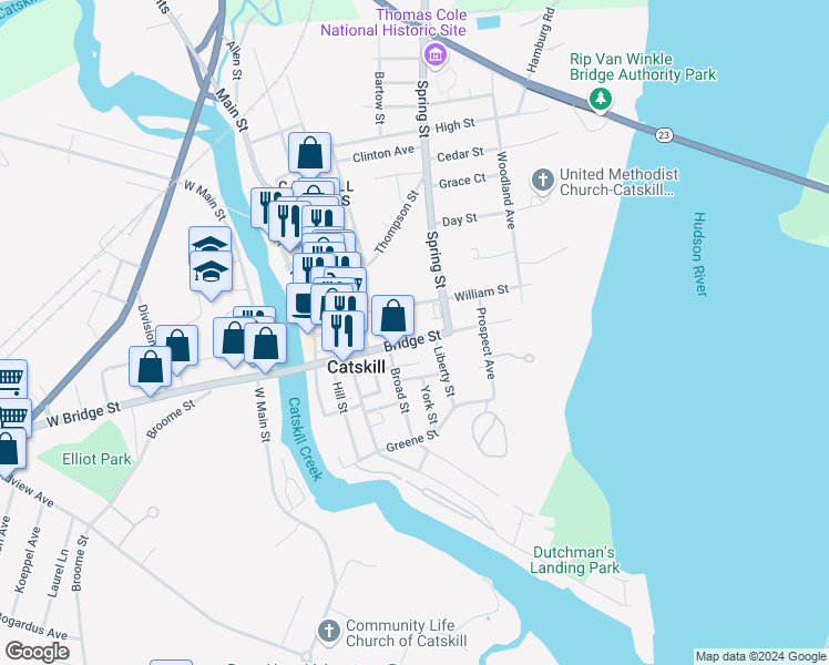map of restaurants, bars, coffee shops, grocery stores, and more near 111 Bridge Street in Catskill