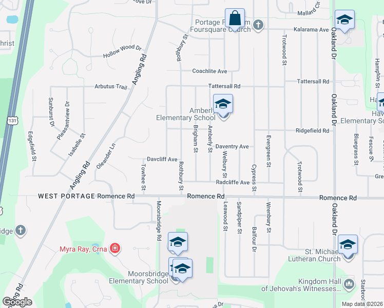 map of restaurants, bars, coffee shops, grocery stores, and more near 6732 Brigham Street in Portage