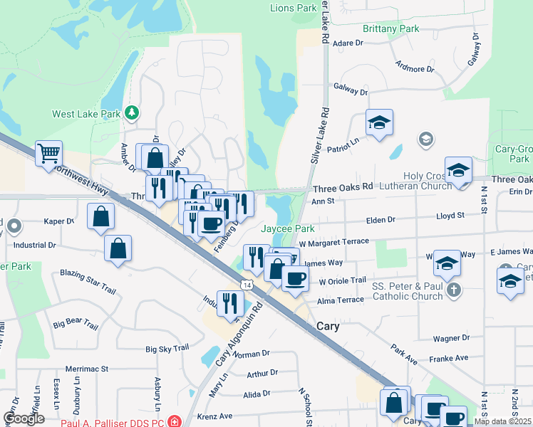 map of restaurants, bars, coffee shops, grocery stores, and more near Jaycee Park Path in Cary