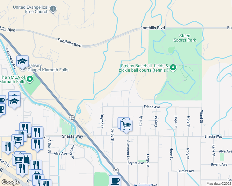 map of restaurants, bars, coffee shops, grocery stores, and more near 4120 Adelaide Avenue in Klamath Falls