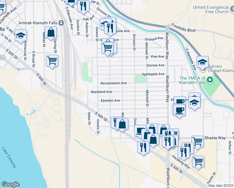 map of restaurants, bars, coffee shops, grocery stores, and more near 2138 Wantland Avenue in Klamath Falls