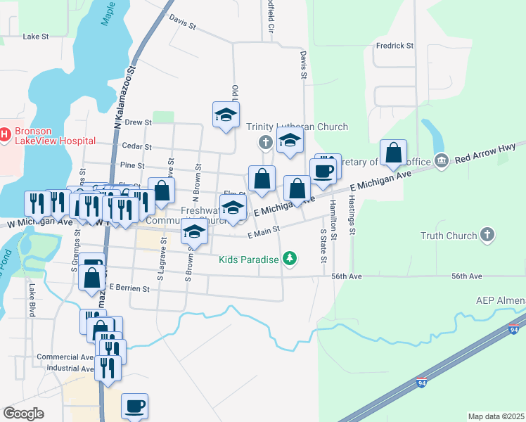 map of restaurants, bars, coffee shops, grocery stores, and more near East Michigan Avenue in Paw Paw