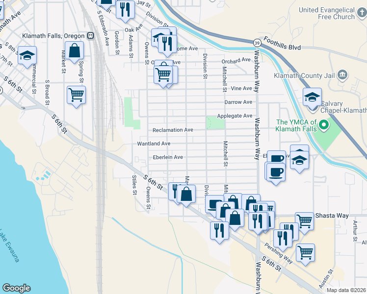 map of restaurants, bars, coffee shops, grocery stores, and more near 1204 Martin Street in Klamath Falls