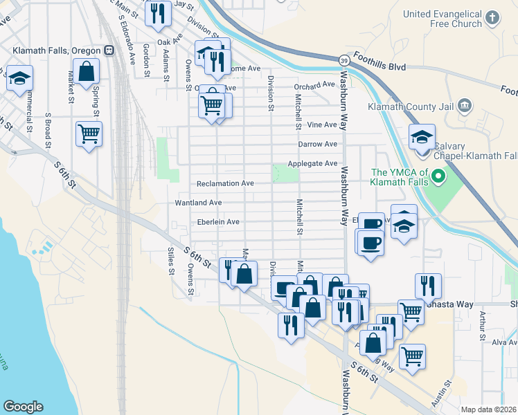 map of restaurants, bars, coffee shops, grocery stores, and more near 2236 Reclamation Avenue in Klamath Falls