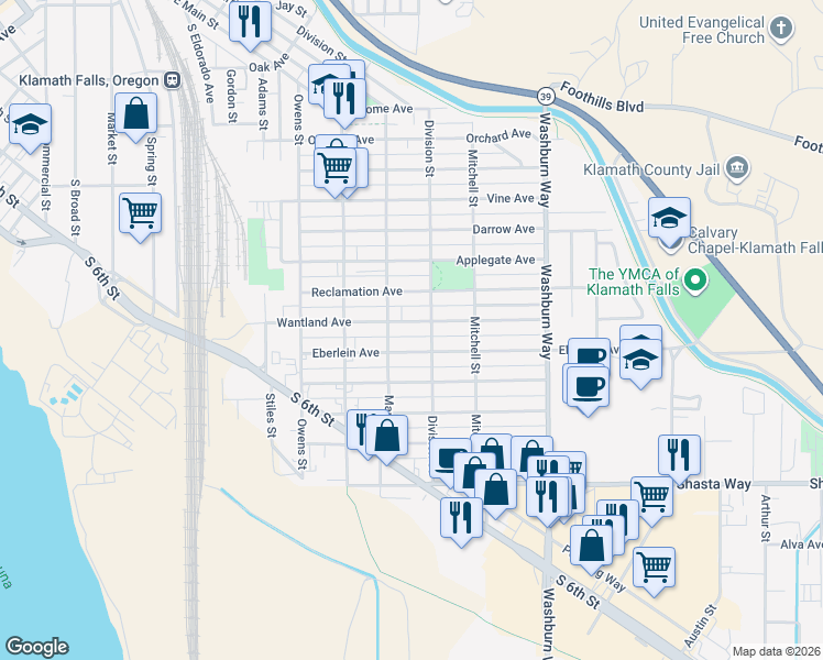 map of restaurants, bars, coffee shops, grocery stores, and more near 2236 Reclamation Avenue in Klamath Falls