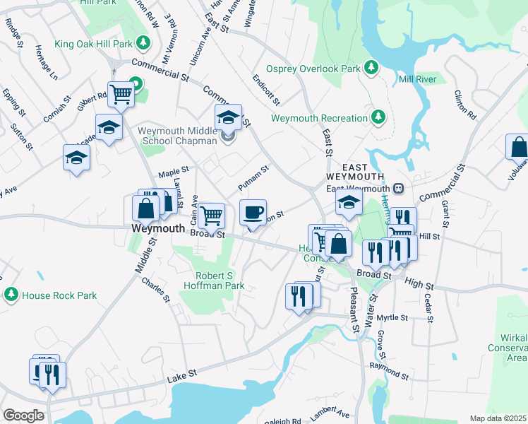 map of restaurants, bars, coffee shops, grocery stores, and more near 85 Putnam Street in Weymouth
